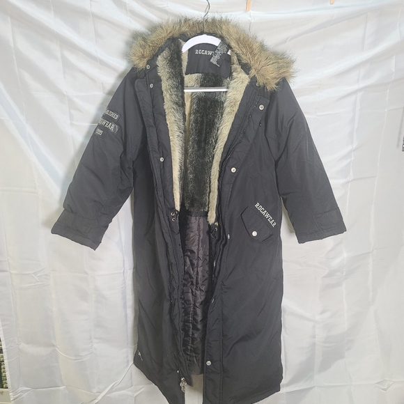 ROCAWEAR Vintage Down Filled Long Black Faux Fur Lined Coat M 10/12